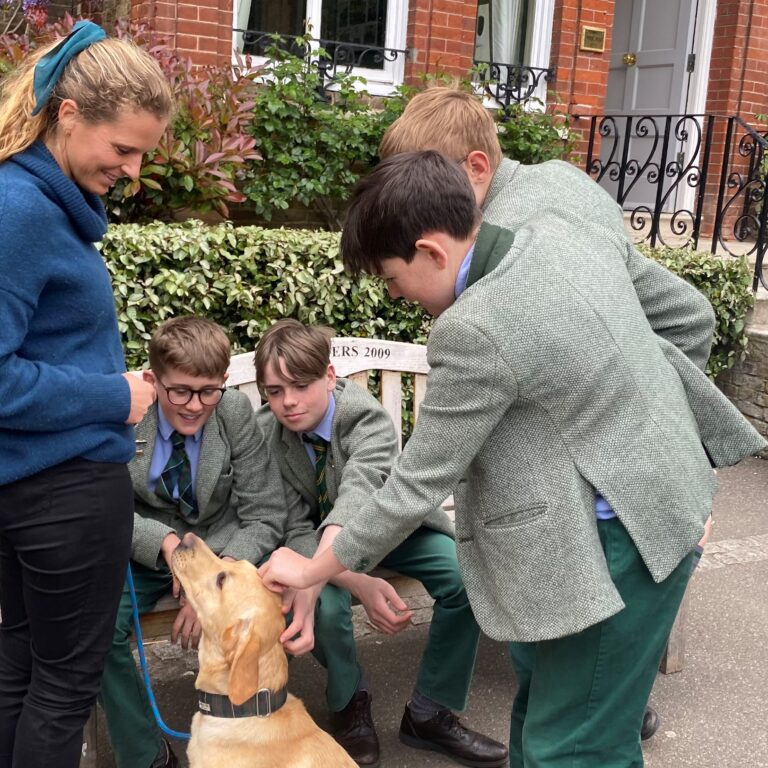 students petting therapy dog
