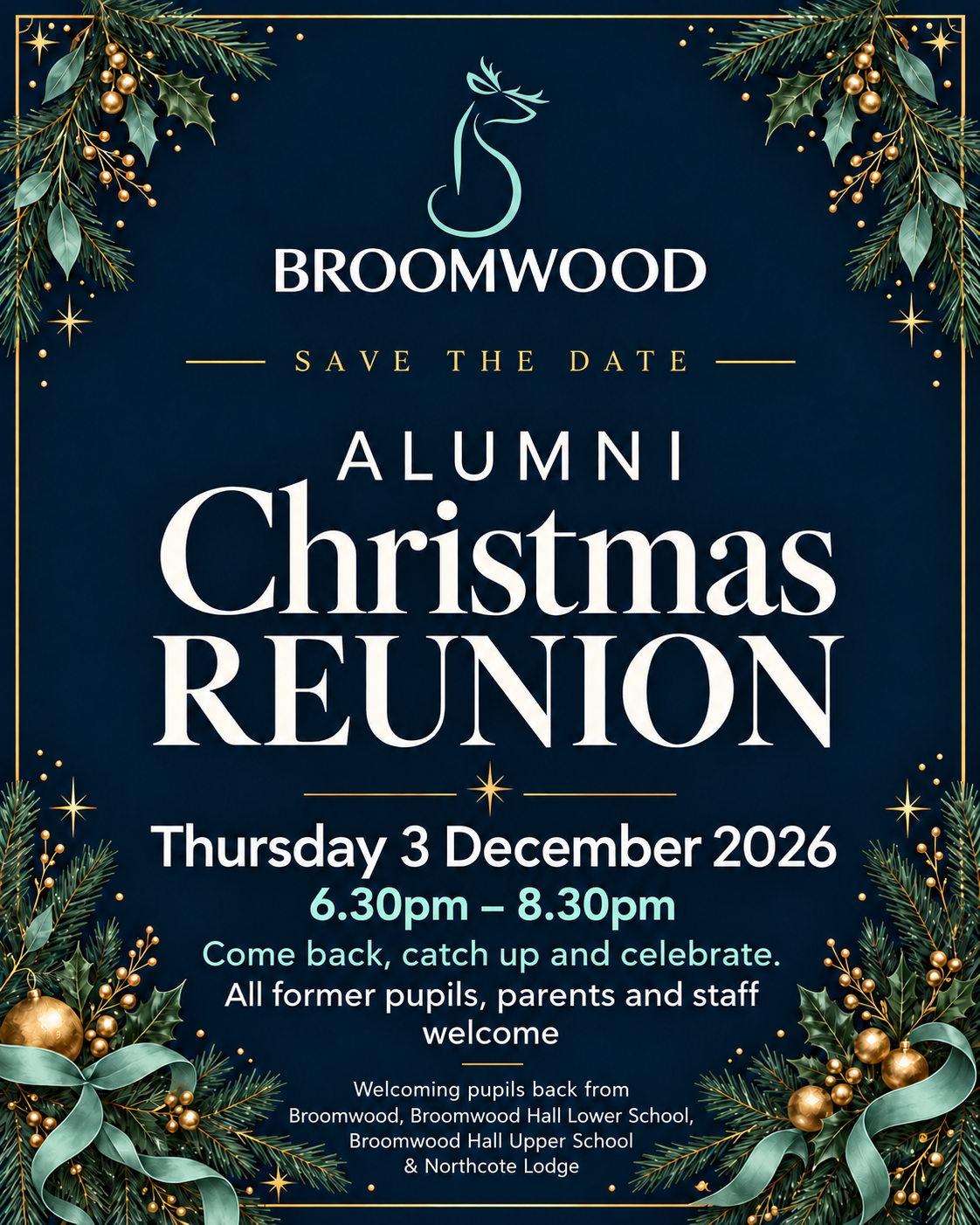 Save the date for the Broomwood Alumni Christmas Reunion, Thursday 3 December 2026